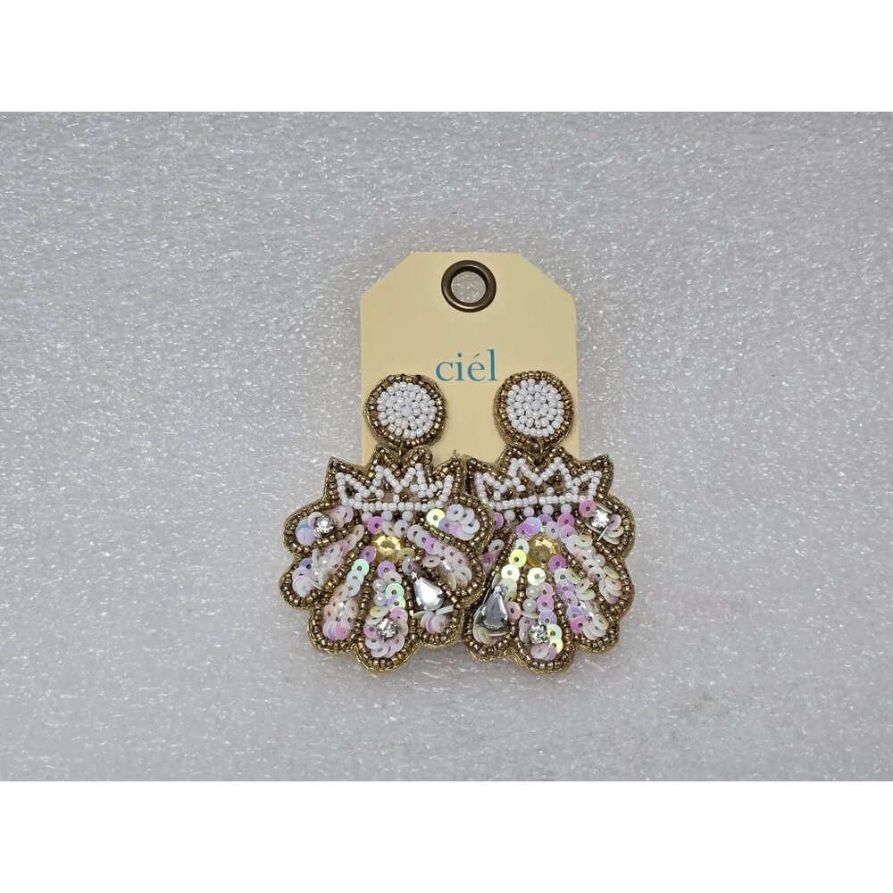Handmade Ciel Sequin & Bead Shell Statement Earrings Gold/Pink/White